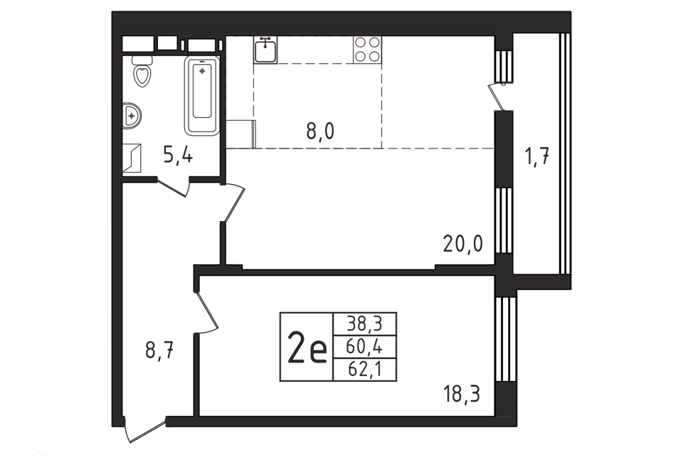 Продаётся 1-комнатная квартира, 62.1 м²