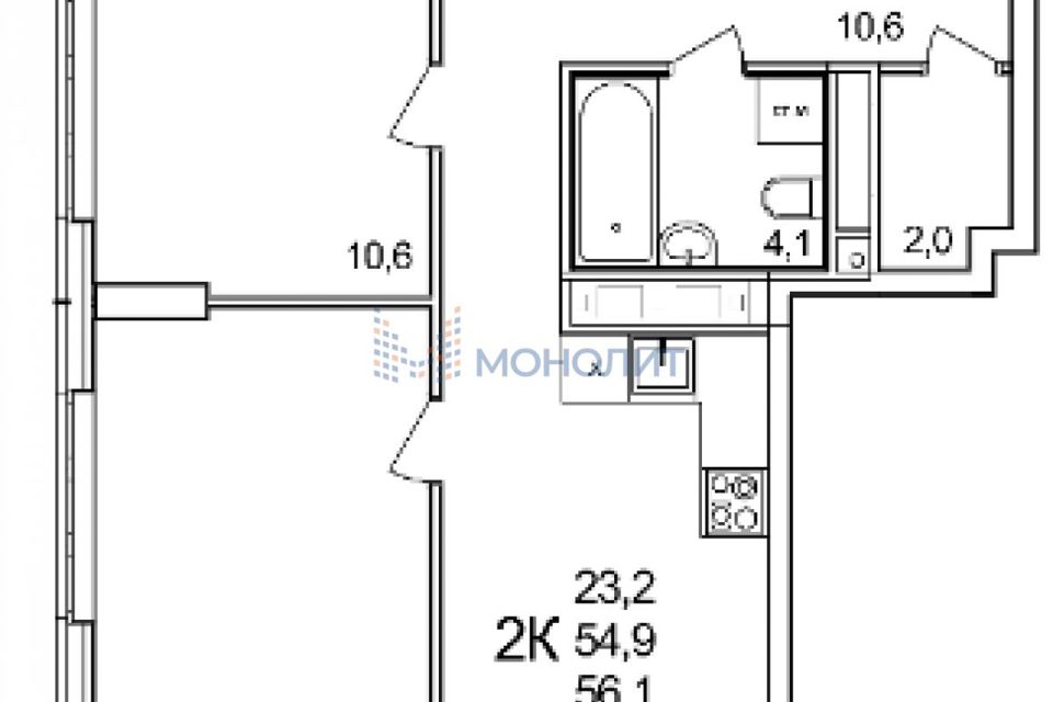 Продаётся 2-комнатная квартира, 56.1 м²