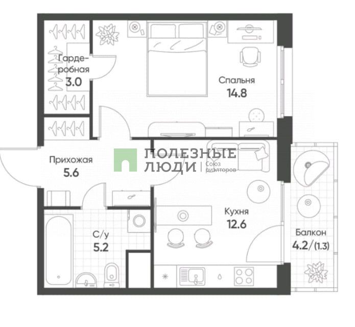 Продаётся 1-комнатная квартира, 42.5 м²