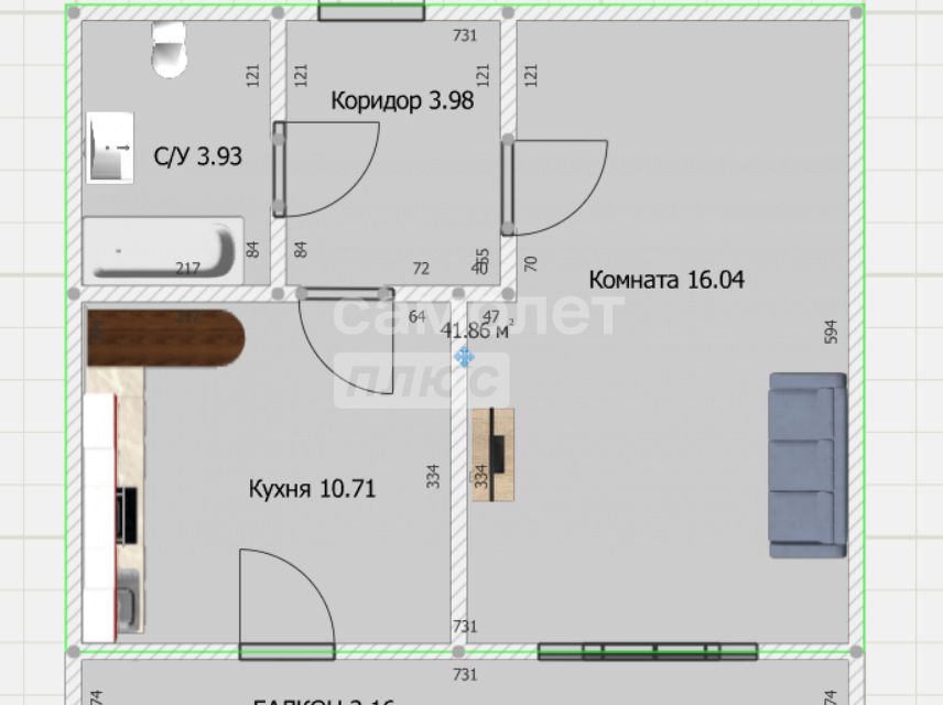Продаётся 1-комнатная квартира, 41 м²