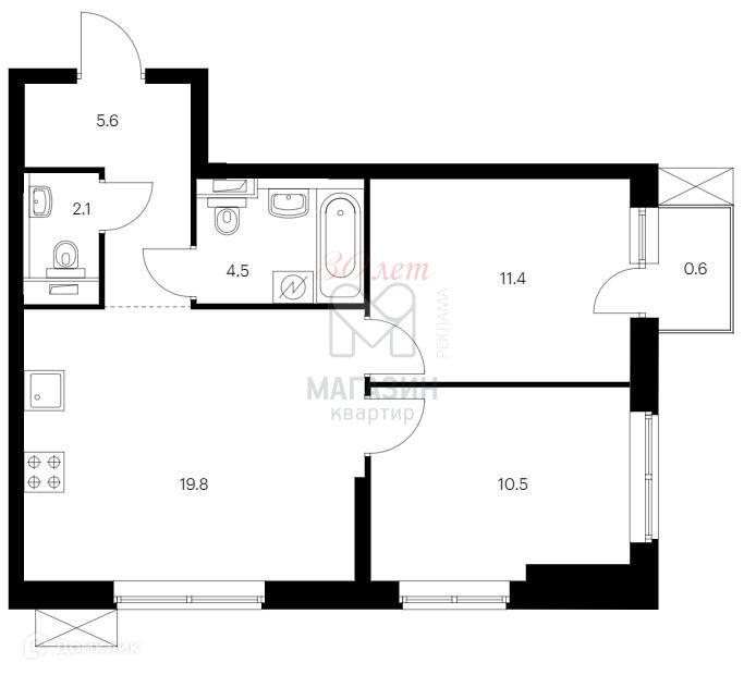 Продаётся 2-комнатная квартира, 54.5 м²