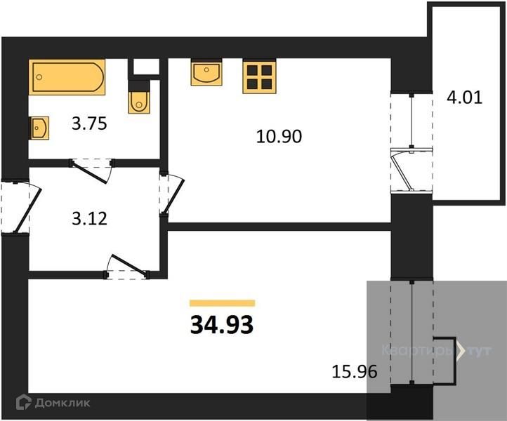 Продаётся 1-комнатная квартира, 34.93 м²