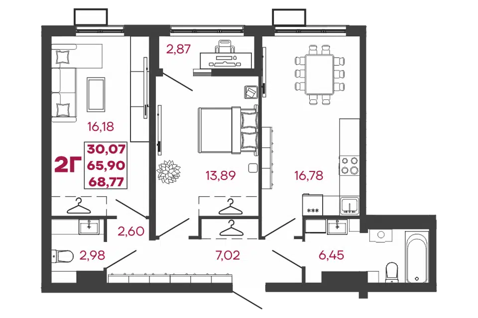Продаётся 2-комнатная квартира, 68.77 м²