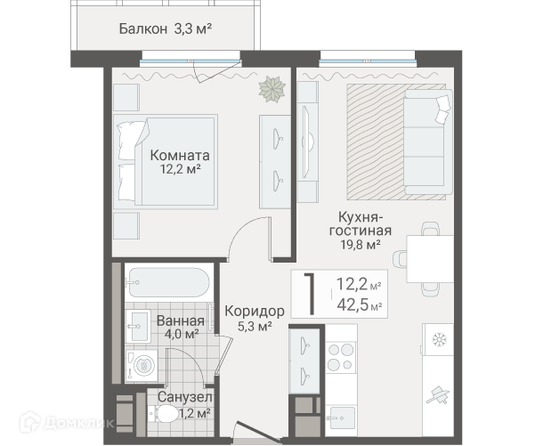 Продаётся 1-комнатная квартира, 42.5 м²
