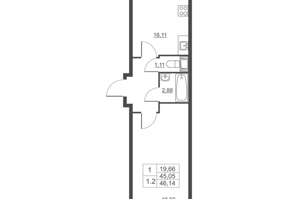 Продаётся 1-комнатная квартира, 45.2 м²