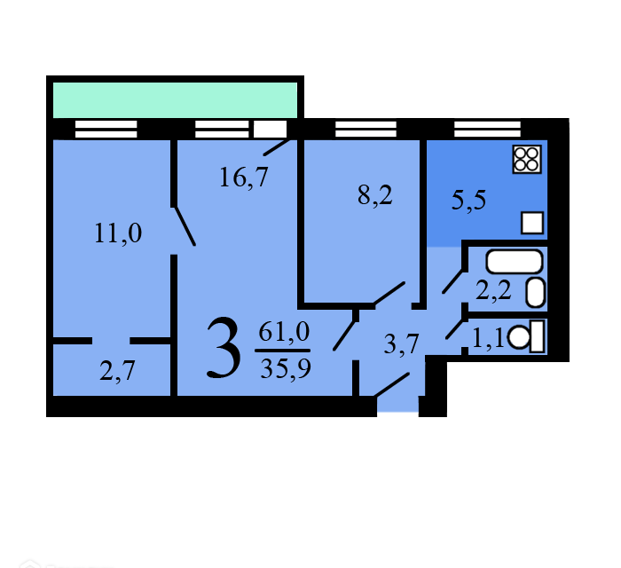 Продаётся 3-комнатная квартира, 54.9 м²