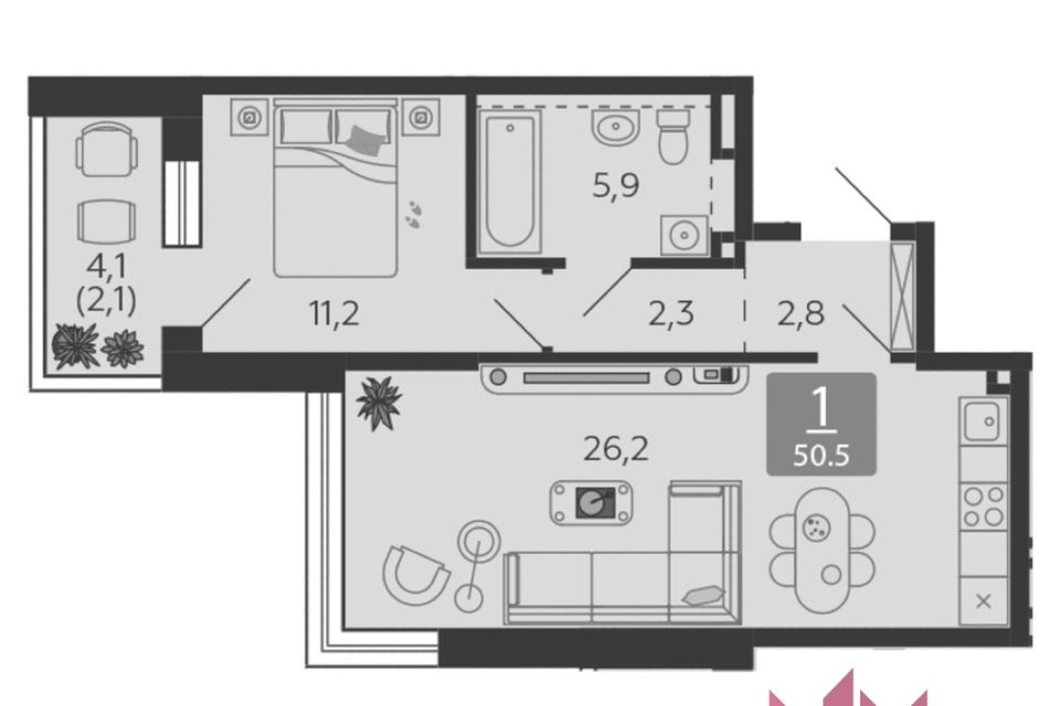 Продаётся 1-комнатная квартира, 50.5 м²