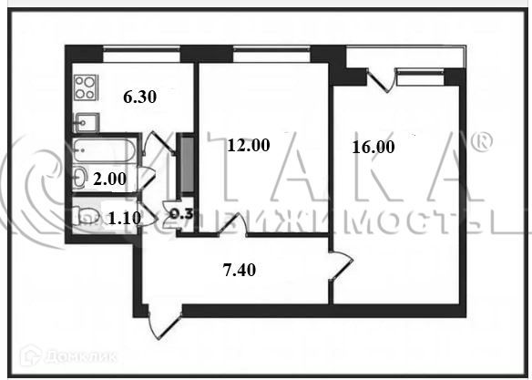 Продаётся 2-комнатная квартира, 44.3 м²