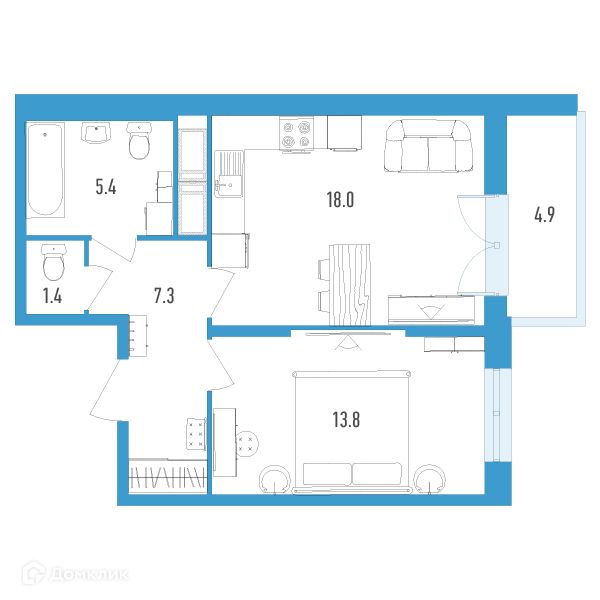 Продаётся 1-комнатная квартира, 47.4 м²