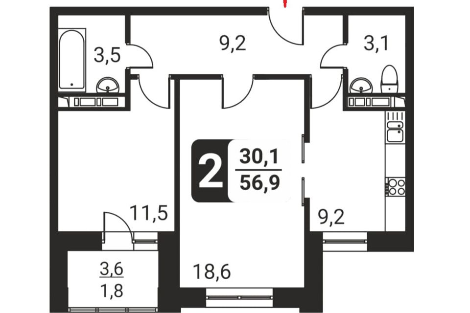 Продаётся 2-комнатная квартира, 57 м²