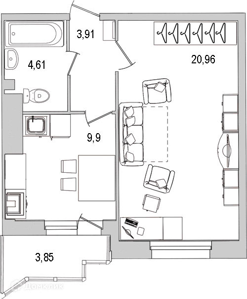 Продаётся 1-комнатная квартира, 42.8 м²