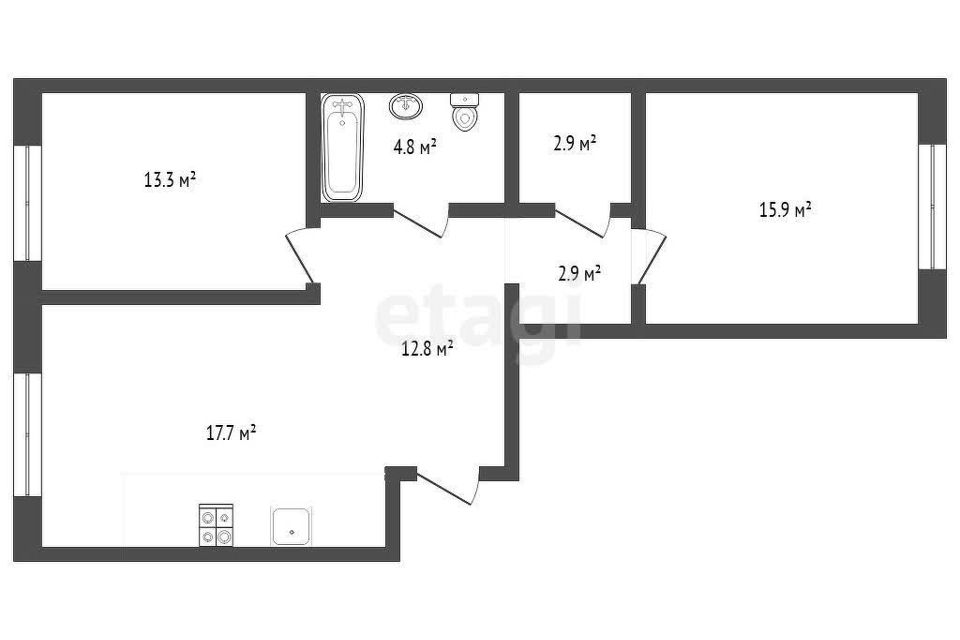 Продаётся 2-комнатная квартира, 66.3 м²
