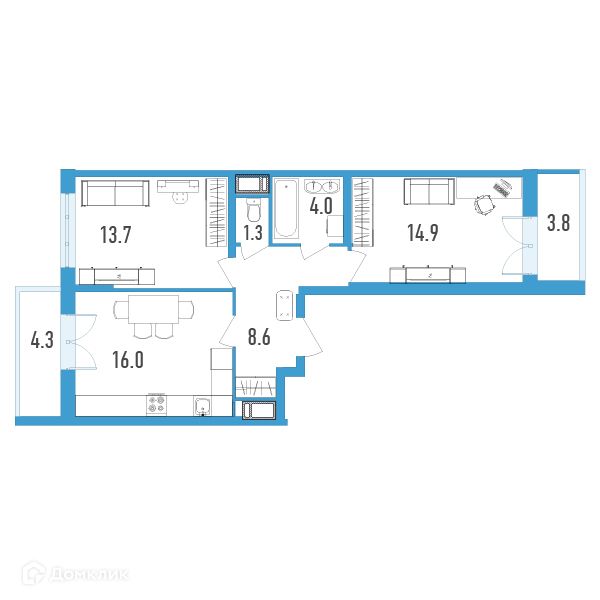 Продаётся 2-комнатная квартира, 62.6 м²