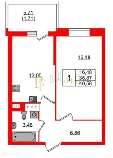 Продаётся 1-комнатная квартира, 38.87 м²