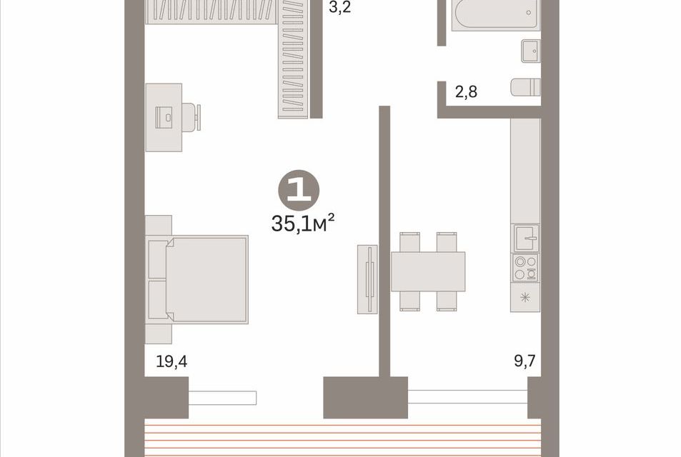 Продаётся 1-комнатная квартира, 35.1 м²