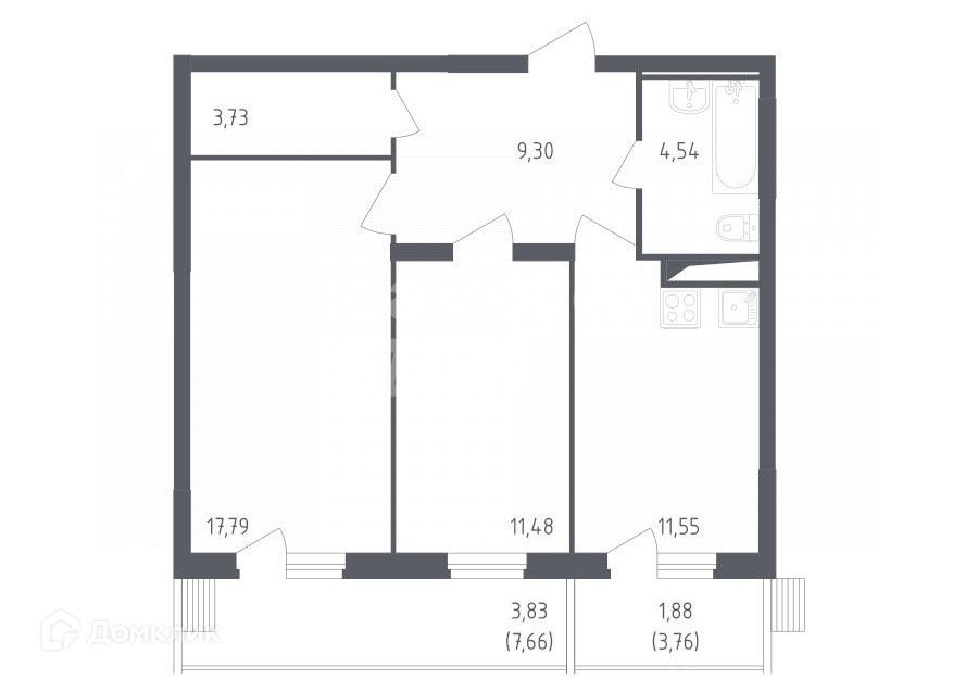 Продаётся 2-комнатная квартира, 64.1 м²