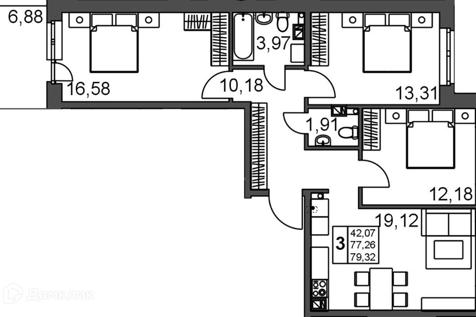 Продаётся 3-комнатная квартира, 80.3 м²