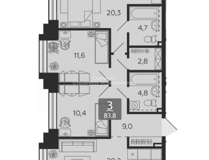 Продаётся 2-комнатная квартира, 83 м²