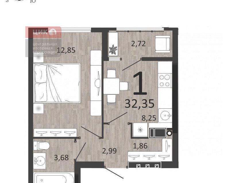 Продаётся 1-комнатная квартира, 32.35 м²