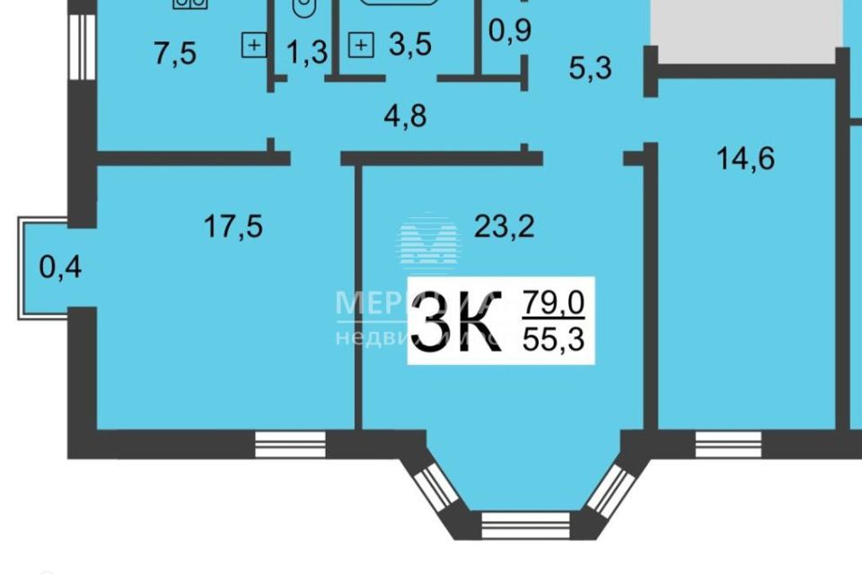 Продаётся 3-комнатная квартира, 75.6 м²