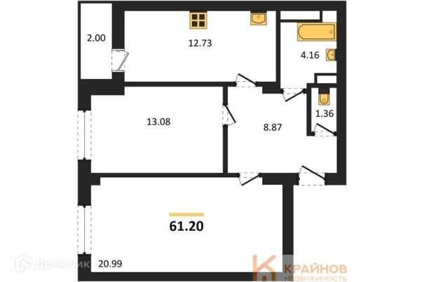 Продаётся 2-комнатная квартира, 61.2 м²