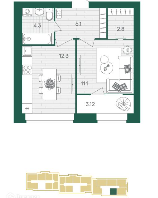 Продаётся 1-комнатная квартира, 38.72 м²