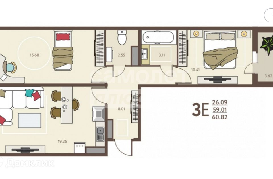 Продаётся 2-комнатная квартира, 60.82 м²