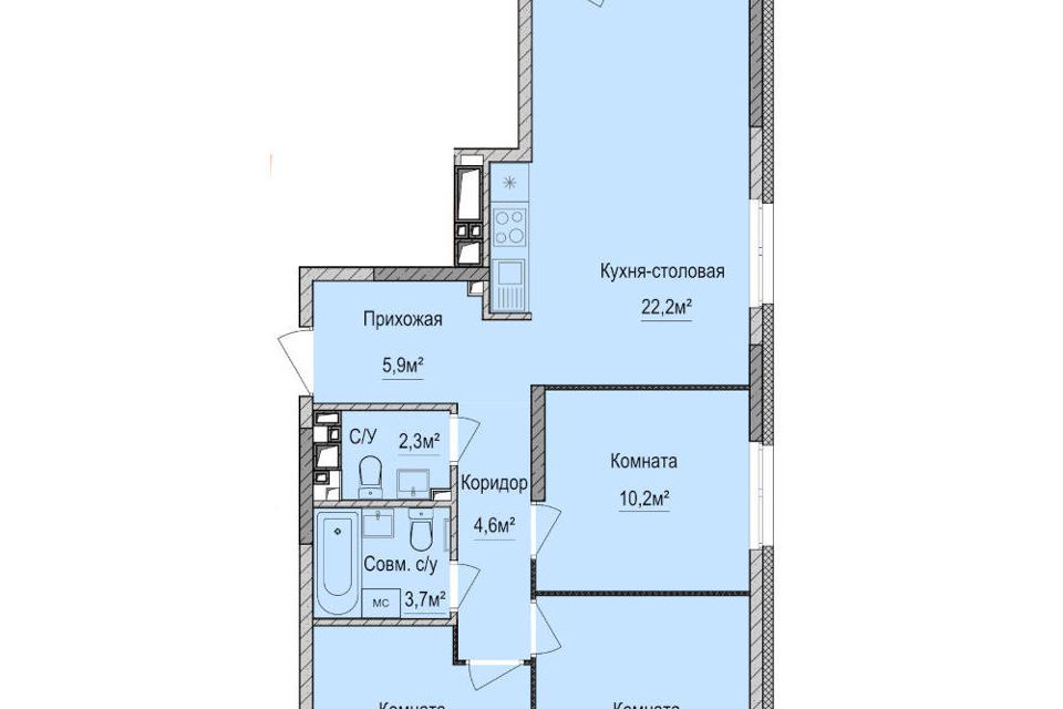 Продаётся 3-комнатная квартира, 76.6 м²