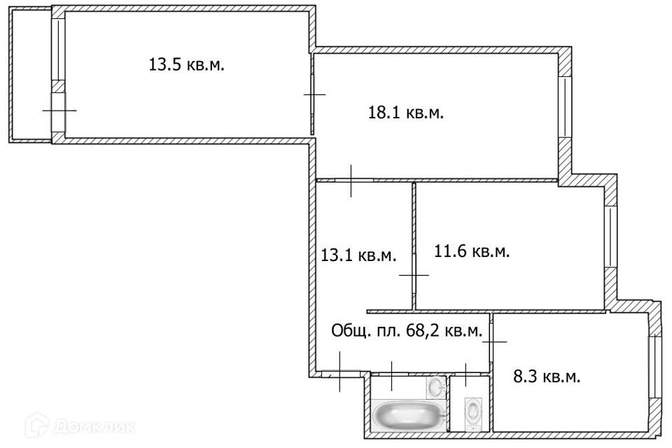 Продаётся 3-комнатная квартира, 68.2 м²
