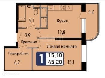 Продаётся 1-комнатная квартира, 43.1 м²