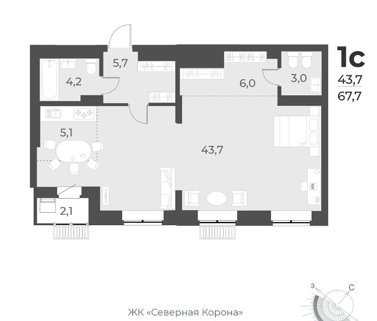 Продаётся студия, 67.7 м²
