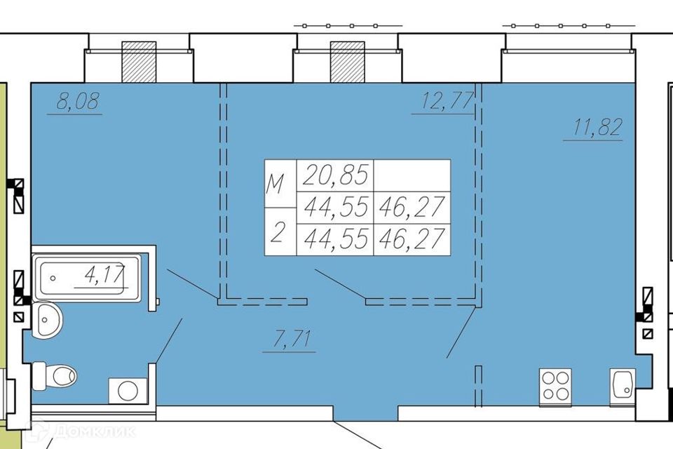 Продаётся 2-комнатная квартира, 44.55 м²