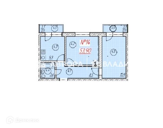 Продаётся 2-комнатная квартира, 53.9 м²