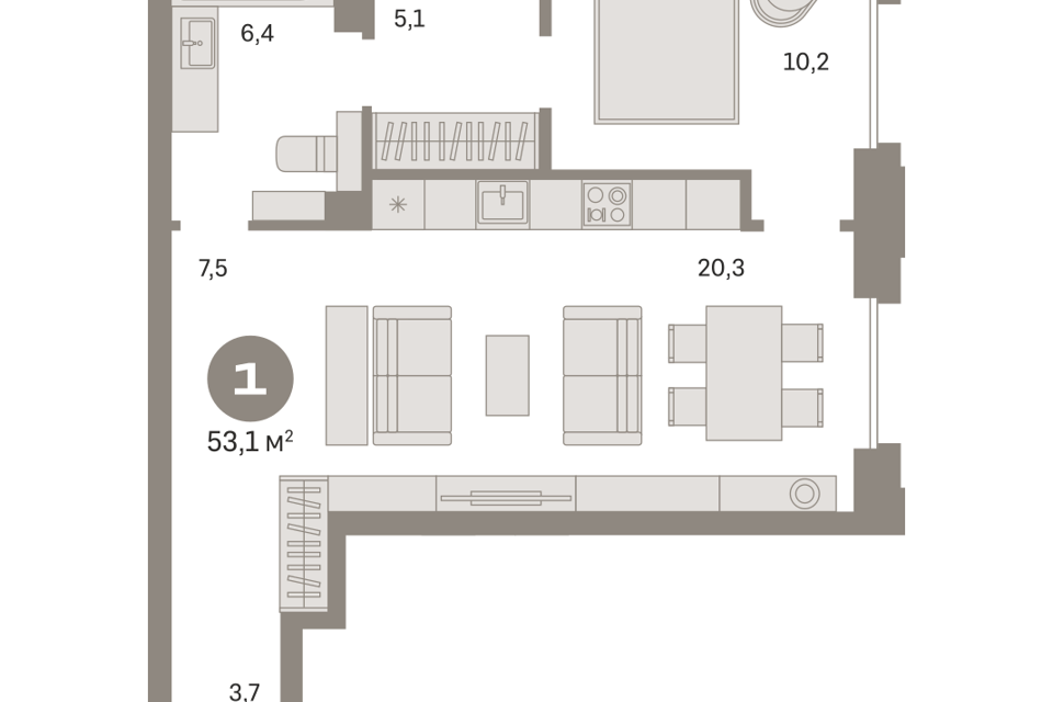 Продаётся 1-комнатная квартира, 53.21 м²