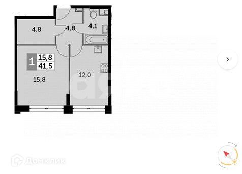 Продаётся 1-комнатная квартира, 41.5 м²