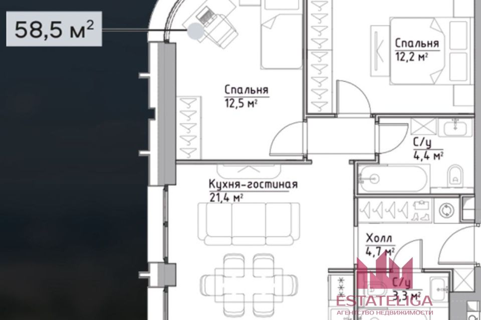 Продаётся 2-комнатная квартира, 58.5 м²