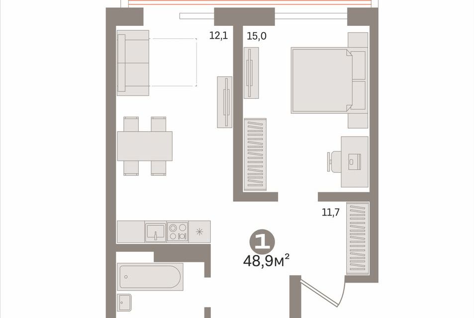 Продаётся 1-комнатная квартира, 48.9 м²
