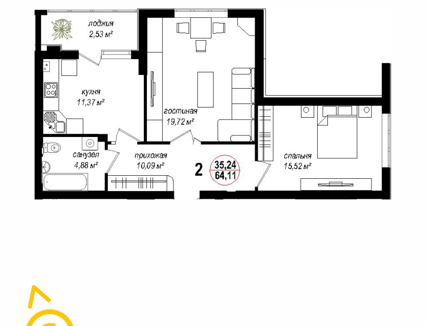 Продаётся 2-комнатная квартира, 64.1 м²