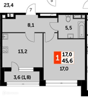 Продаётся 1-комнатная квартира, 45.6 м²