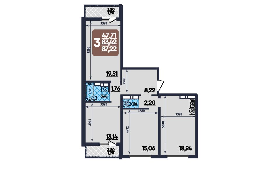 Продаётся 3-комнатная квартира, 87.22 м²