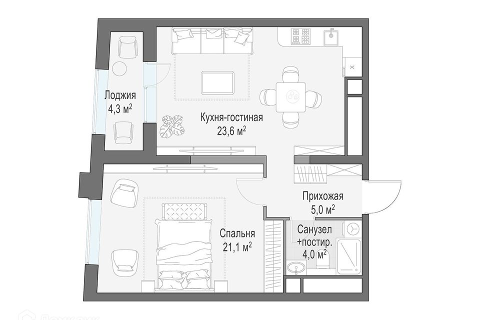 Продаётся 1-комнатная квартира, 56.7 м²