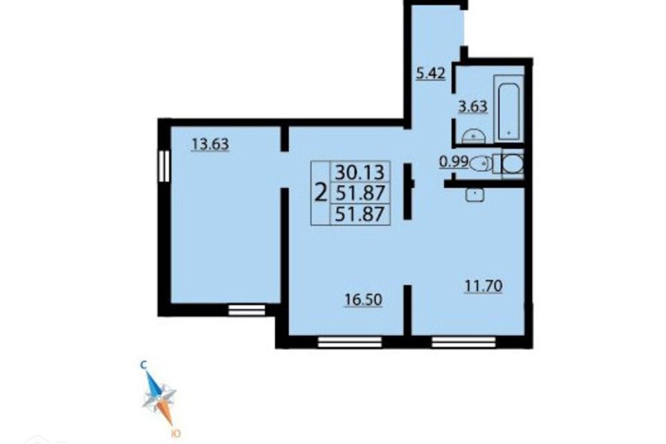 Продаётся 2-комнатная квартира, 52.3 м²