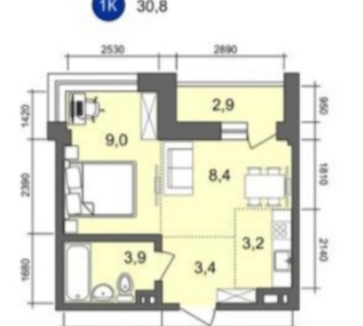 Продаётся 1-комнатная квартира, 30.8 м²