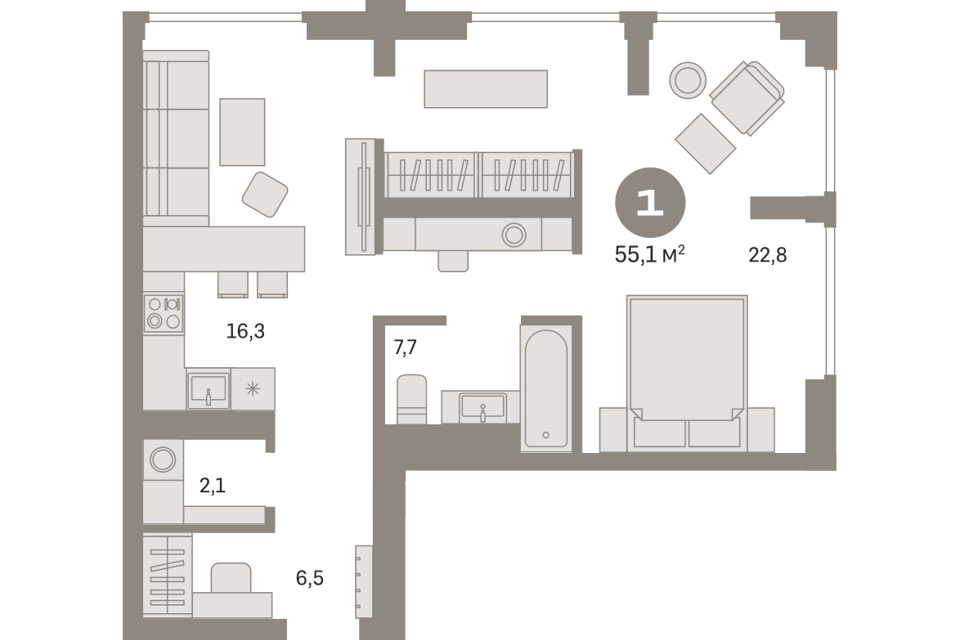 Продаётся 1-комнатная квартира, 55.1 м²