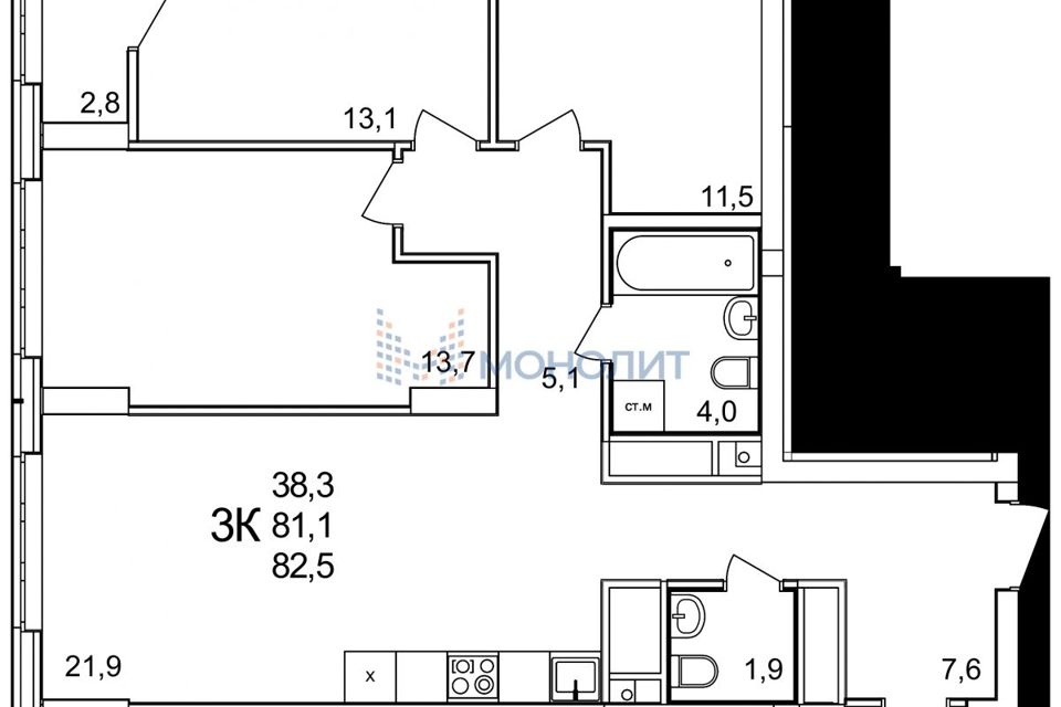 Продаётся 1-комнатная квартира, 82.5 м²