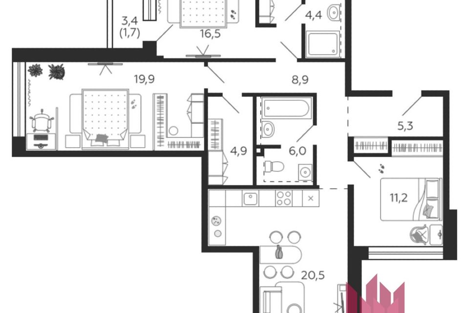 Продаётся 3-комнатная квартира, 99.3 м²