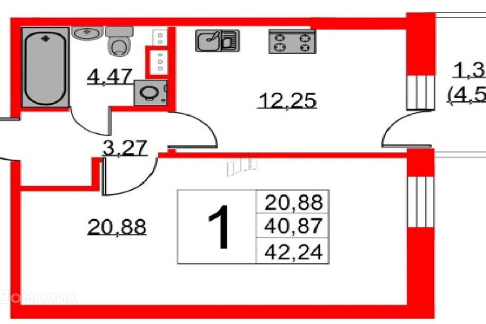 Продаётся 1-комнатная квартира, 42.24 м²