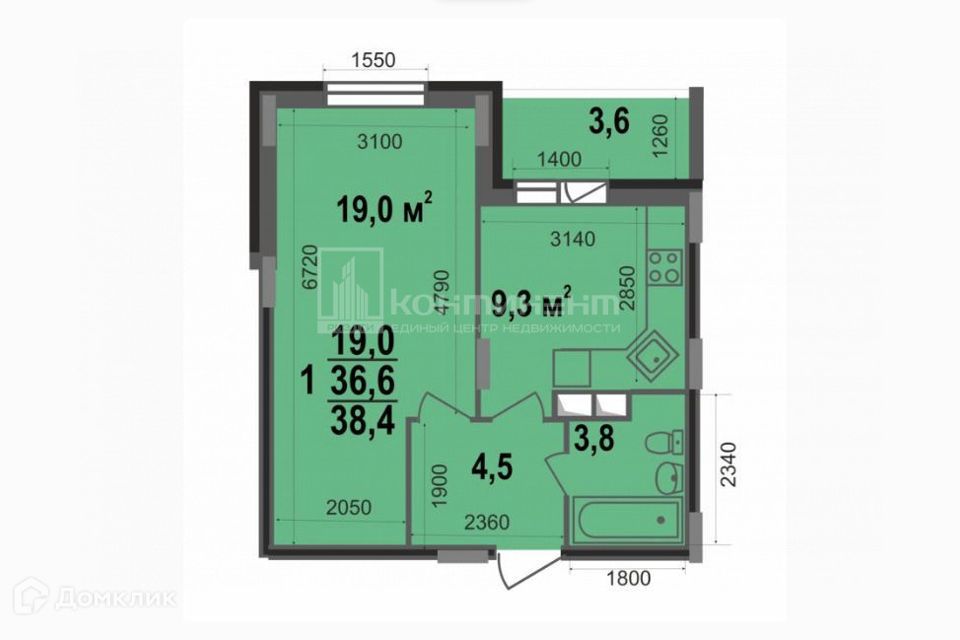 Продаётся 1-комнатная квартира, 38.4 м²