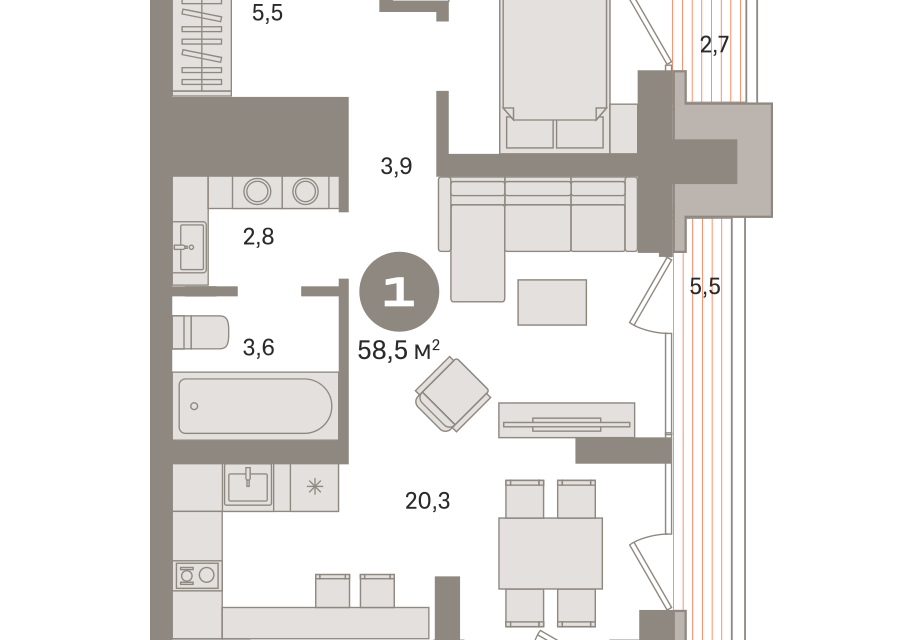 Продаётся 1-комнатная квартира, 58.5 м²