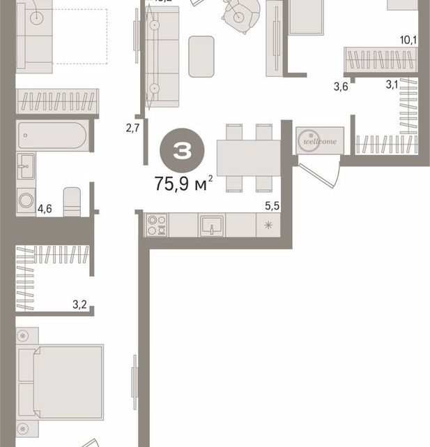 Продаётся 3-комнатная квартира, 75.9 м²